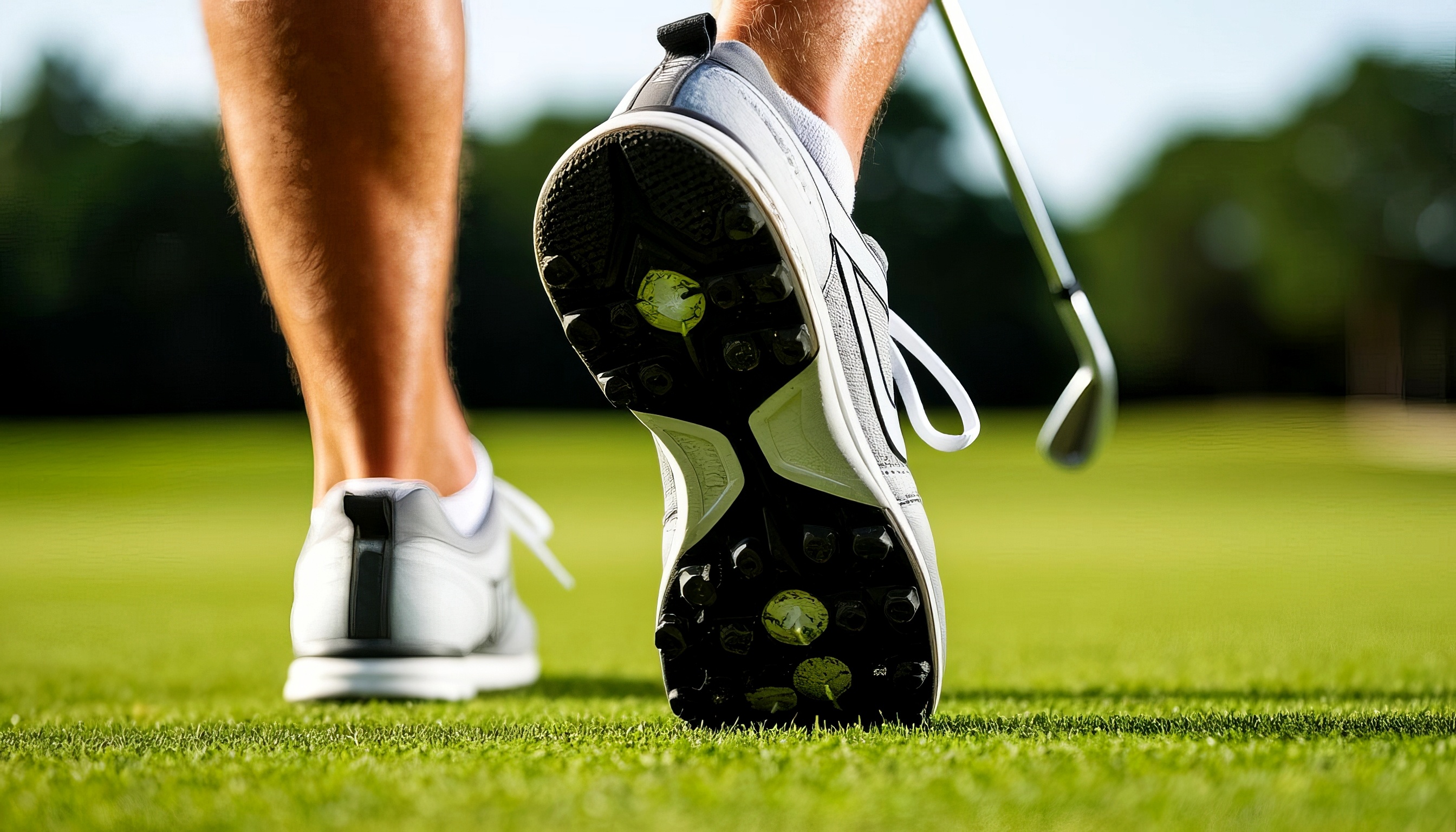 A close-up of a golfer's feet on green grass, wearing white golf shoes. A golf club is held in the background, indicating a game of golf in progress. A close-up of a golfer's feet on green grass, wearing white golf shoes. A golf club is held in the background, indicating a game of golf in progress.