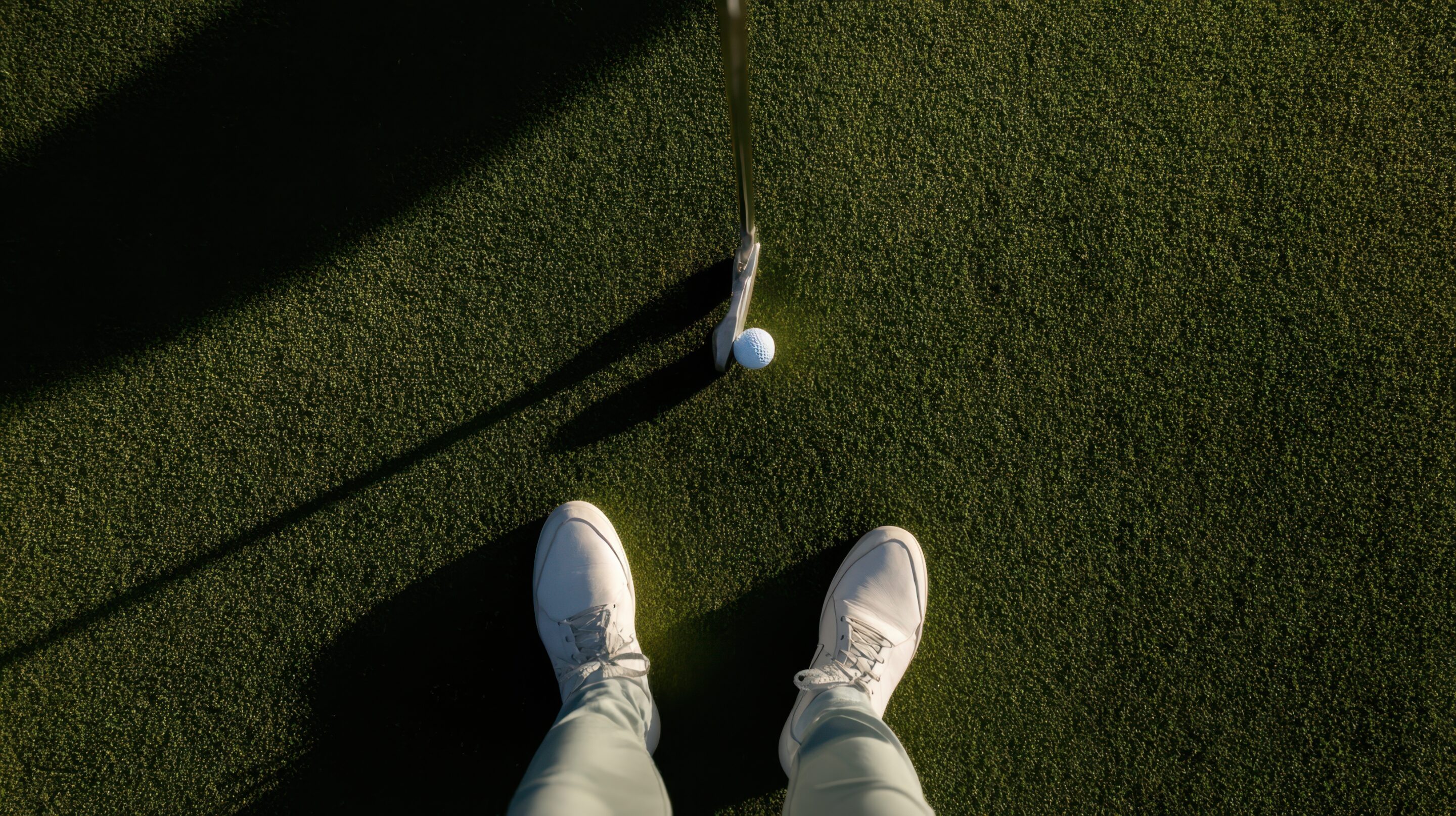 The golfer's perspective showcasing a ball and club on the green. The golfer's perspective showcasing a ball and club on the green.